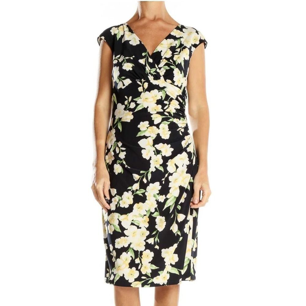 Ralph Lauren Yellow Floral Black Faux Wrap Sleeveless Stretch Sheath Dress 10